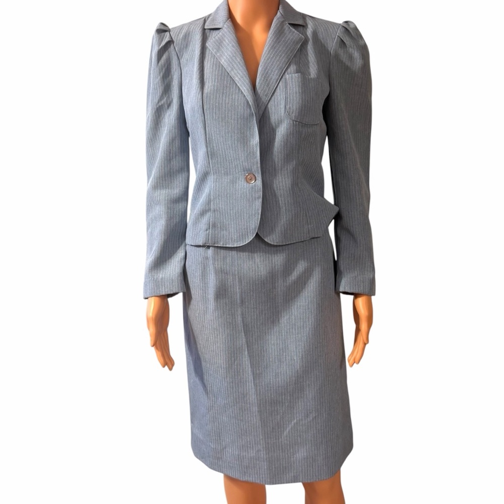 Vintage Women's Powder Blue Pinstripe 70s Power Skirt Suit Business Attire XS